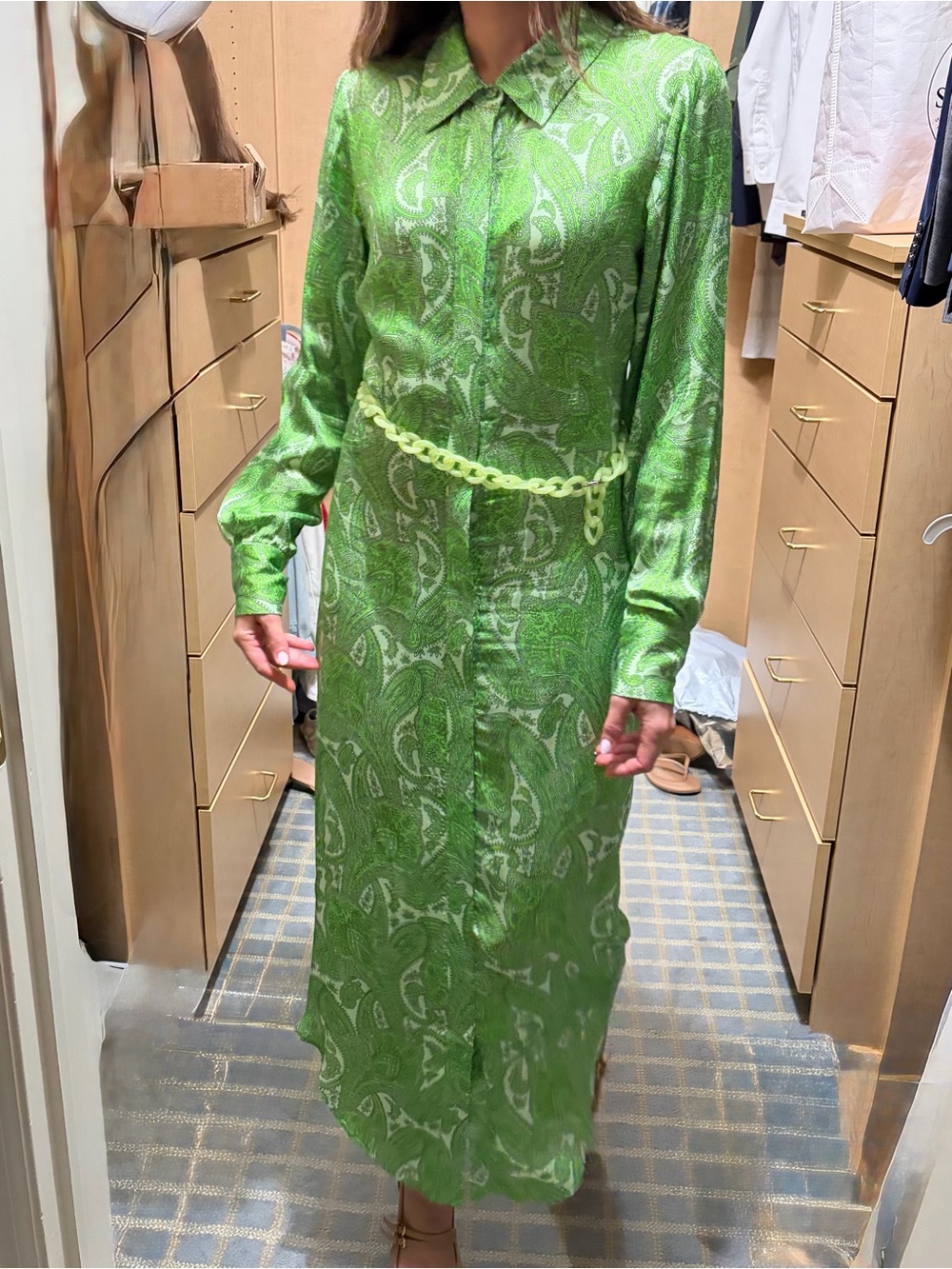 Bright Green Paisley Long Sleeve Shirt Dress with Chain Belt